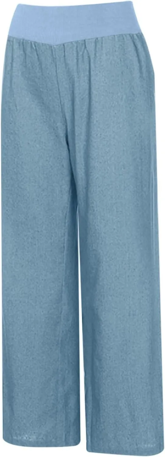 Womens Wide Leg Faux Denim Jeans Stretchy Pull On Baggy High Waisted Trendy Jeans Straight Casual Pants