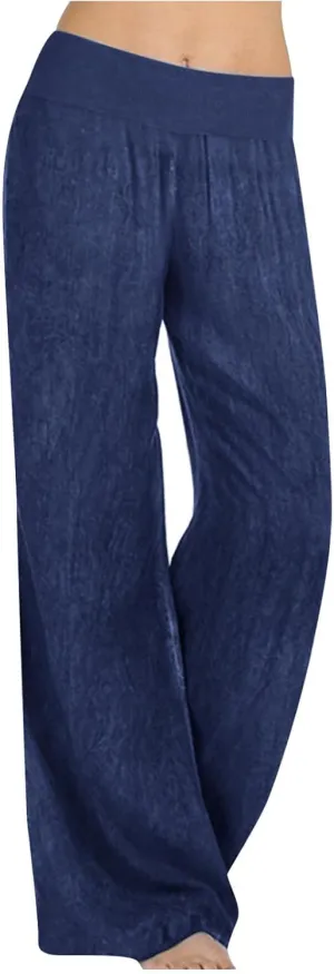 Womens Wide Leg Faux Denim Jeans Stretchy Pull On Baggy High Waisted Trendy Jeans Straight Casual Pants
