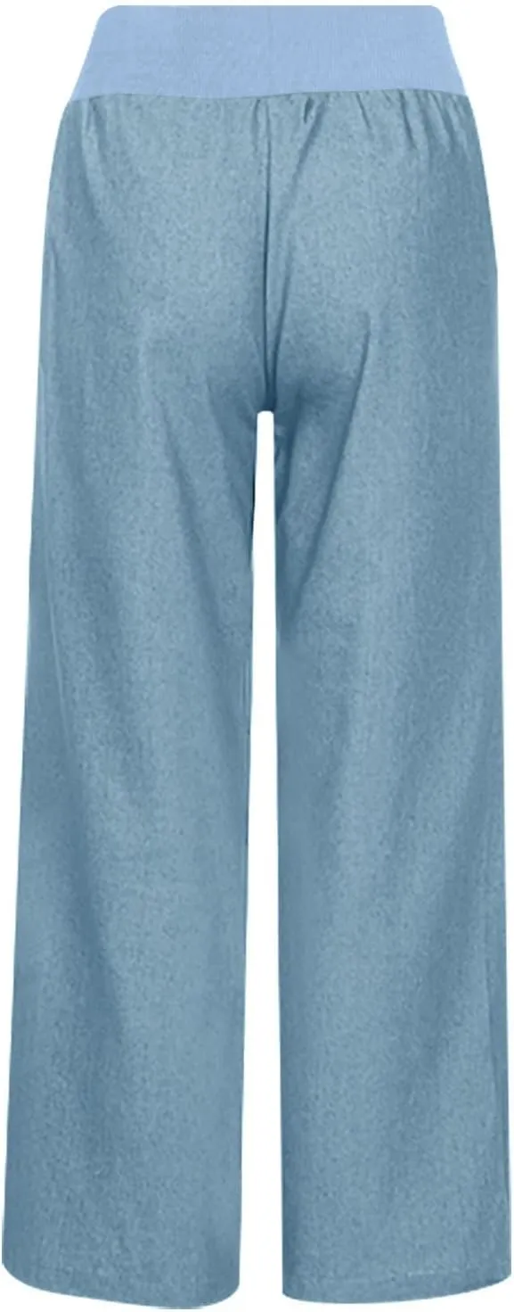Womens Wide Leg Faux Denim Jeans Stretchy Pull On Baggy High Waisted Trendy Jeans Straight Casual Pants