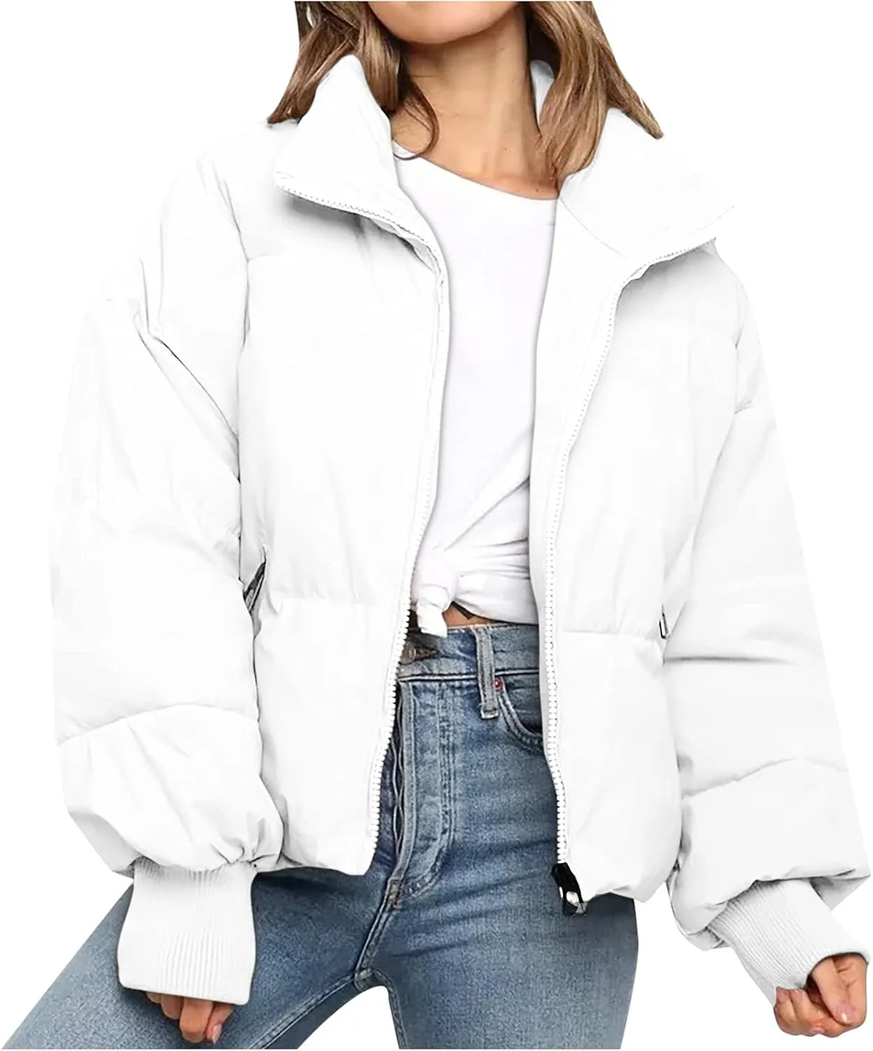 Womens Winter Cropped Puffer Jacket Coat Short Warm Quilted Jacket Zip Up Down Jackets Cozy Outerwear Padded Coat
