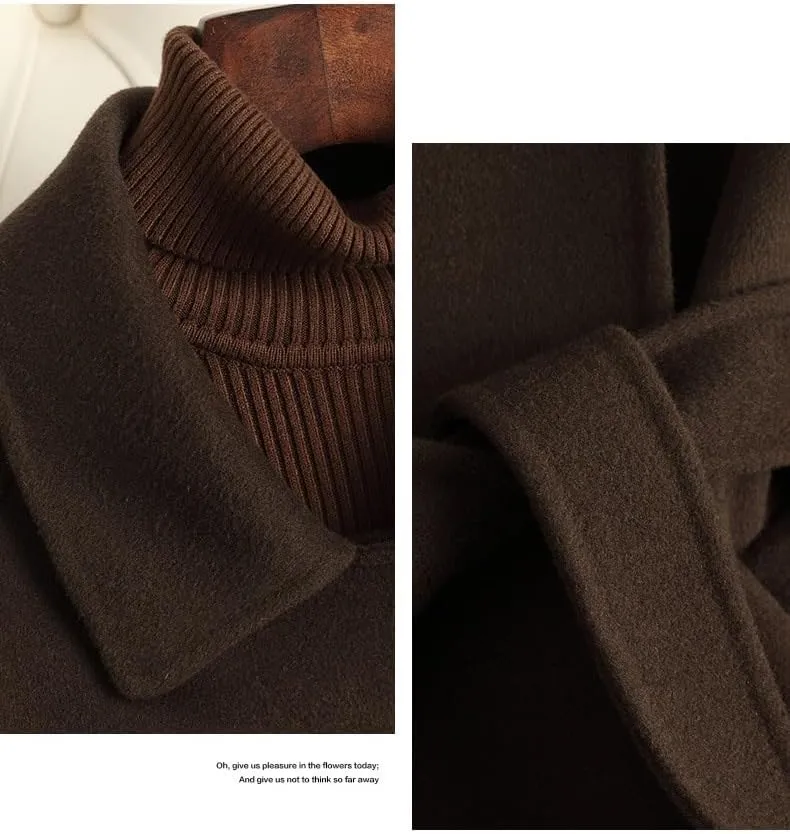 Women's Wool Jacket OL Vintage Wool Blend Pea Trench Coat Elegant Coffee Jacket with Belts(M Code)