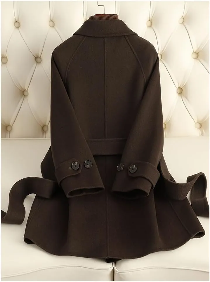 Women's Wool Jacket OL Vintage Wool Blend Pea Trench Coat Elegant Coffee Jacket with Belts(M Code)