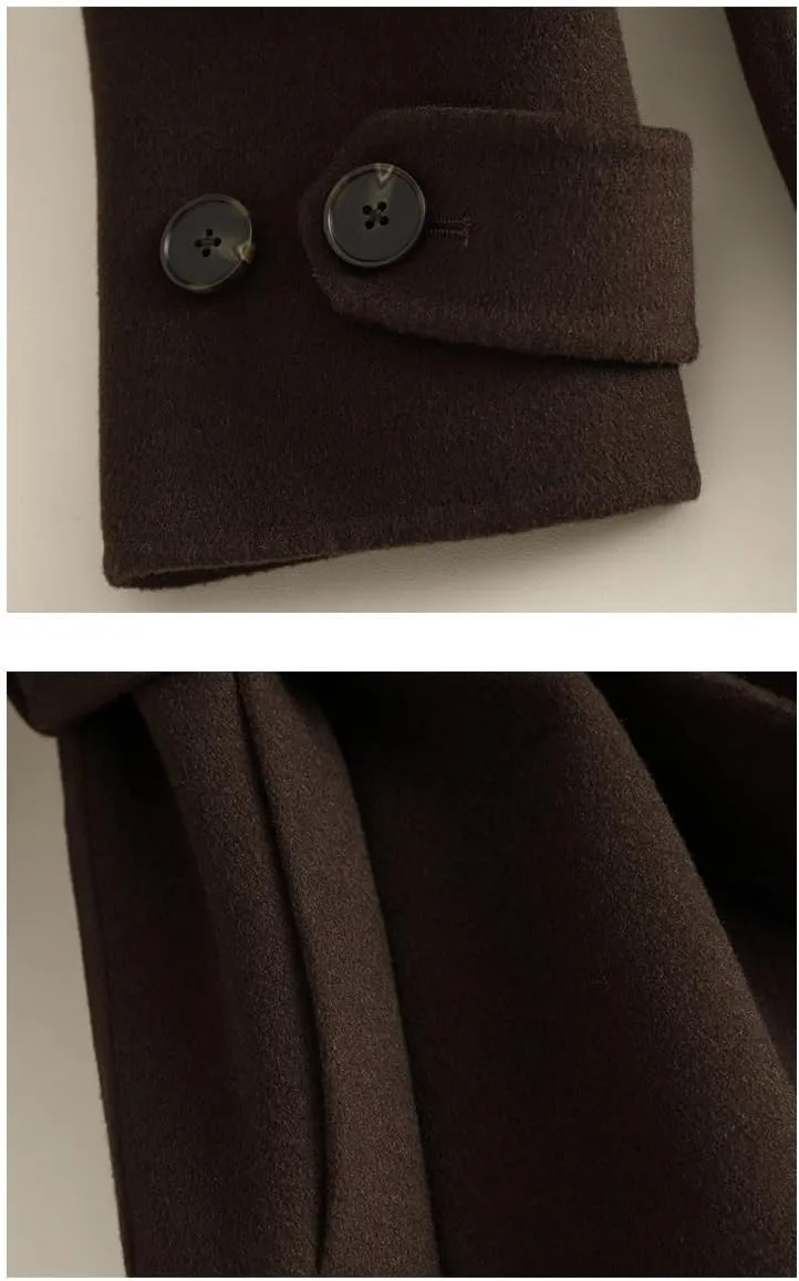 Women's Wool Jacket OL Vintage Wool Blend Pea Trench Coat Elegant Coffee Jacket with Belts(M Code)