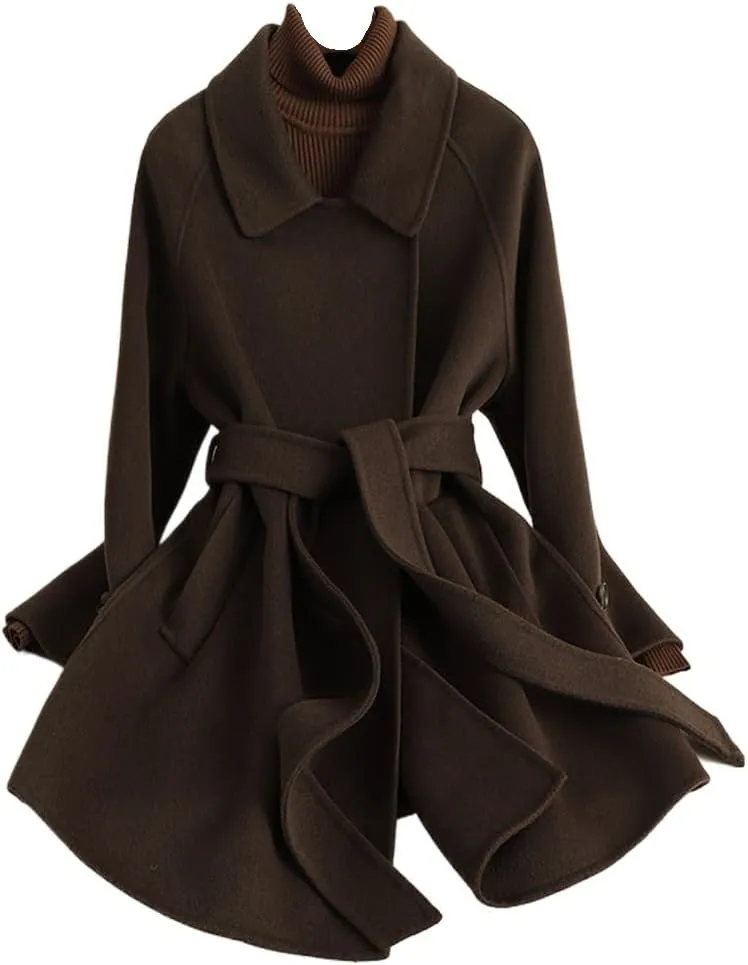 Women's Wool Jacket OL Vintage Wool Blend Pea Trench Coat Elegant Coffee Jacket with Belts(M Code)