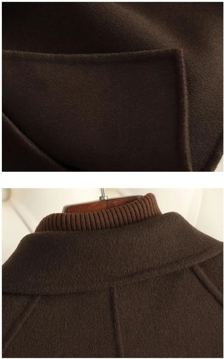 Women's Wool Jacket OL Vintage Wool Blend Pea Trench Coat Elegant Coffee Jacket with Belts(M Code)