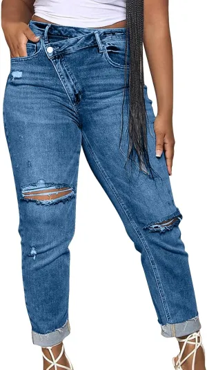 Y2k Jeans Women Casual Straight Leg Ripped Pants Jeans Classic High Waisted Button Stretch Denim Pants