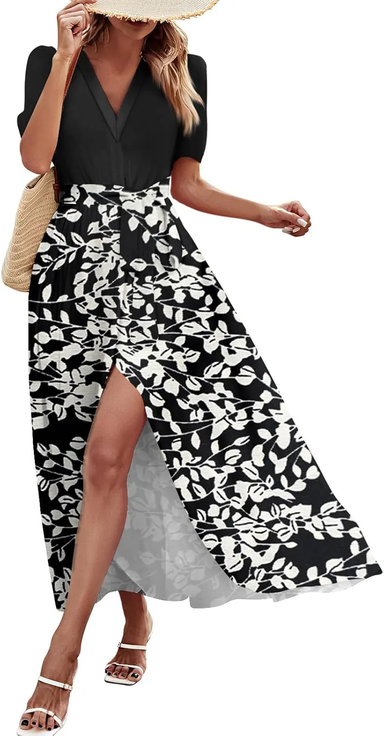 ZEFOTIM Maxi Dresses for Women 2025 Boho Floral Dress Short Sleeve V Neck Dresses with Slit