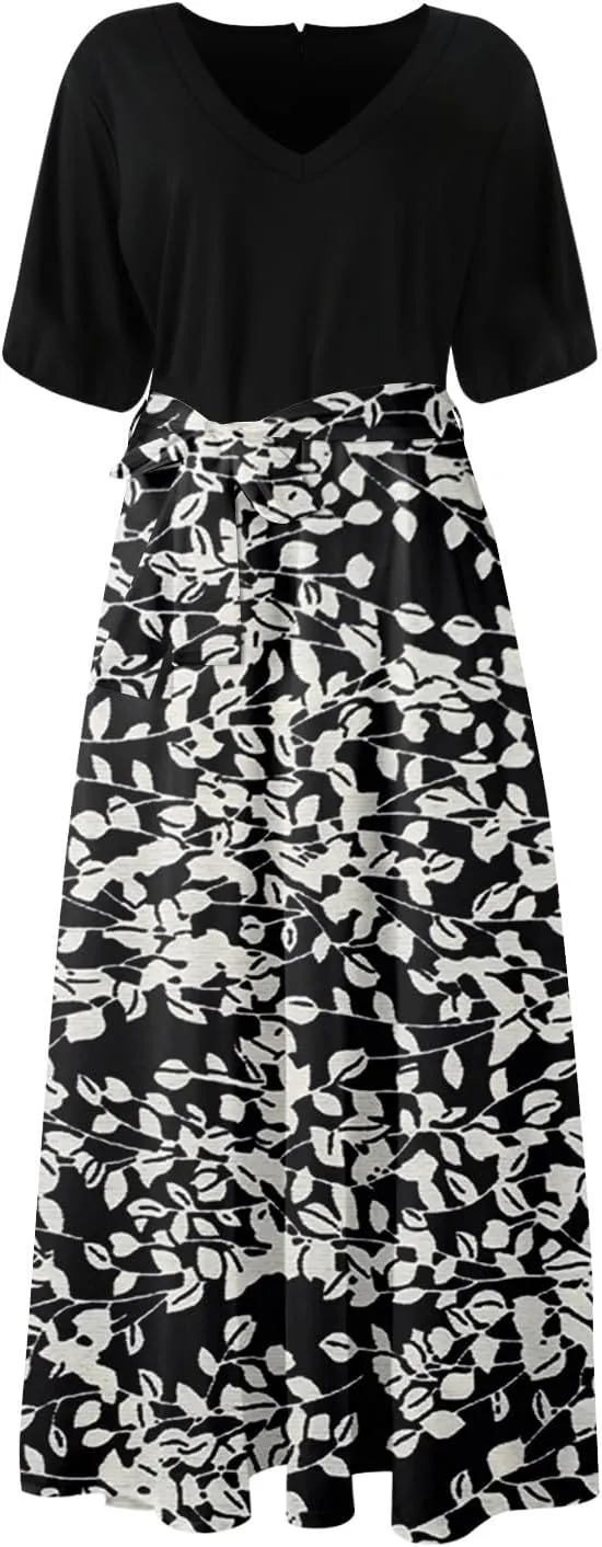ZEFOTIM Maxi Dresses for Women 2025 Boho Floral Dress Short Sleeve V Neck Dresses with Slit