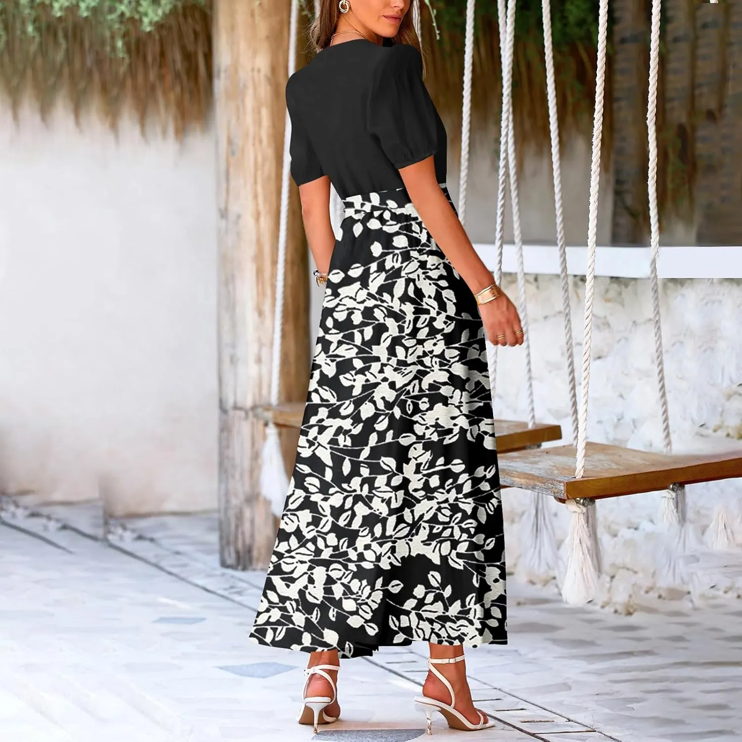 ZEFOTIM Maxi Dresses for Women 2025 Boho Floral Dress Short Sleeve V Neck Dresses with Slit