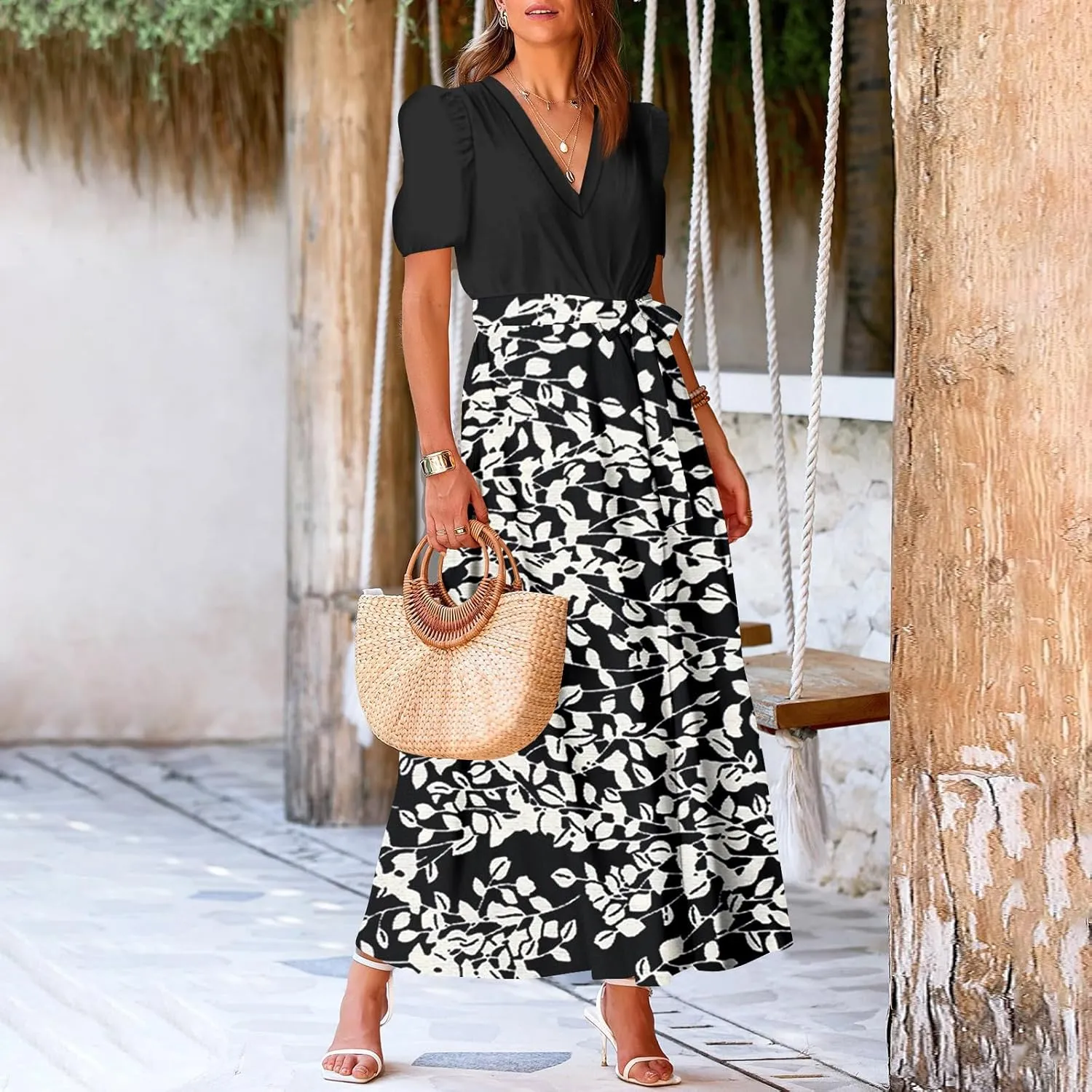 ZEFOTIM Maxi Dresses for Women 2025 Boho Floral Dress Short Sleeve V Neck Dresses with Slit